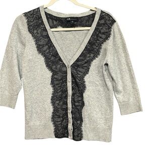 AGB Gray Cardigan Sweater Top with Black Lace Detail Women’s Size Lg